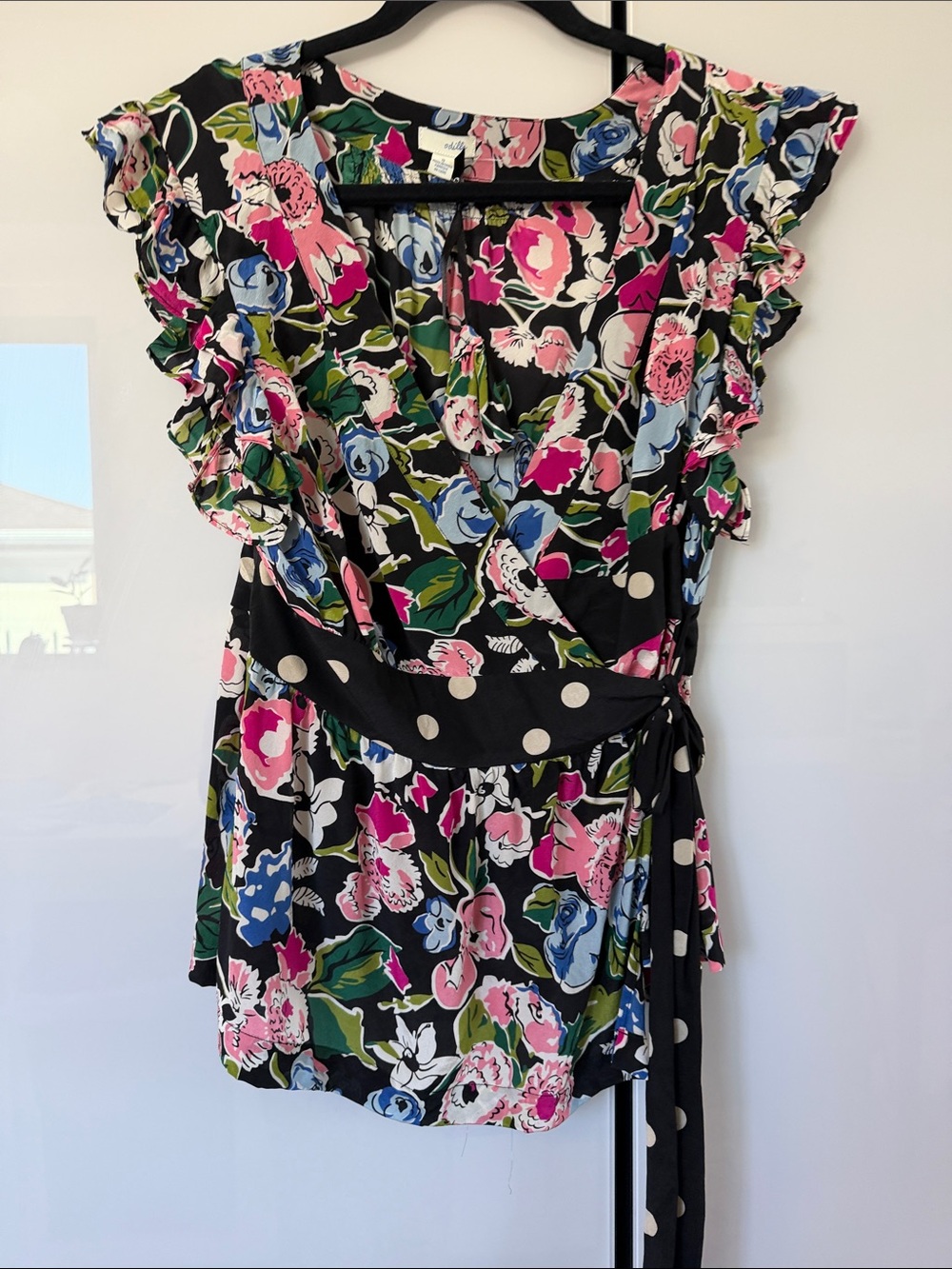 Anthropology Odille Black Floral Wrap blouse with Pink & Blue
